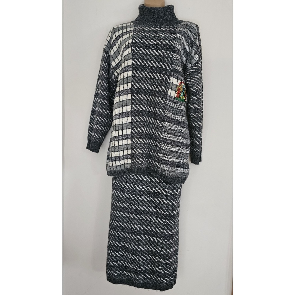 Vtg 80s Kitty Hawk Sweater Skirt Set Black‎ White Checks Striped Size M